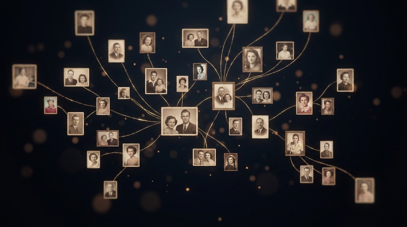 Vintage family photographs floating in space, connected by glowing golden threads